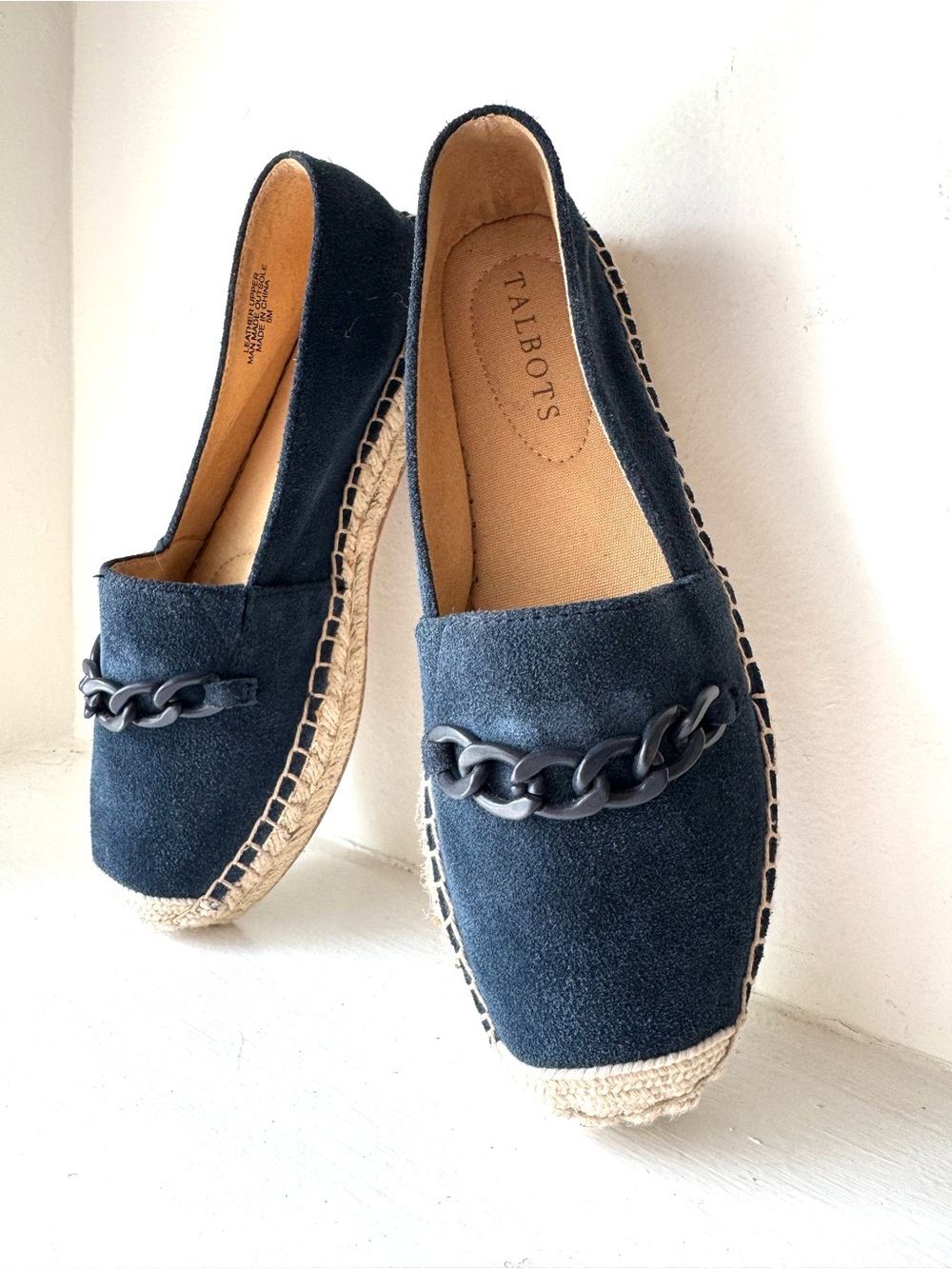 Talbots Navy Suede Espadrille Flats with Chain Accent